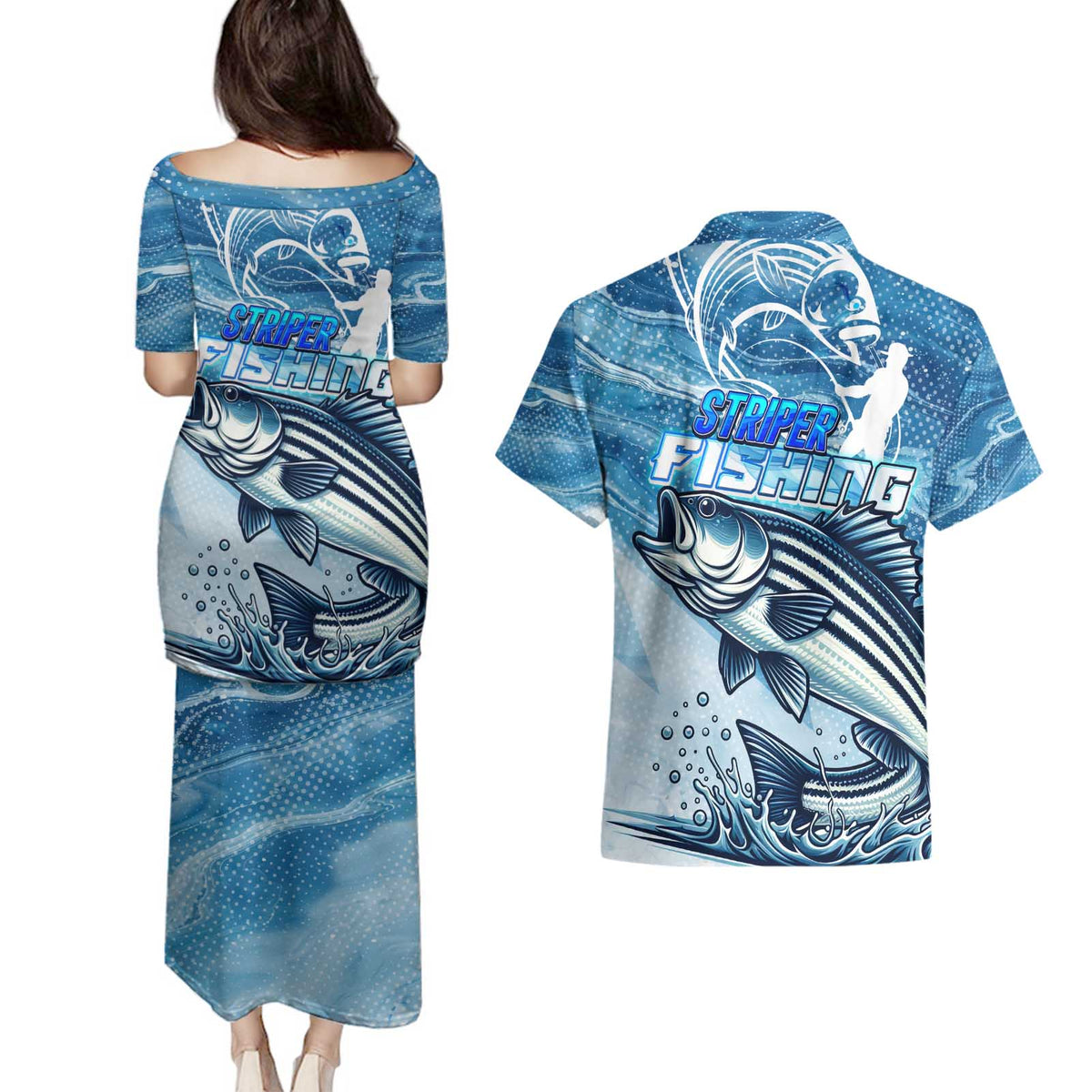 Striper Fishing Couples Matching Puletasi and Hawaiian Shirt Striped Bass Angler - Wonder Print Shop