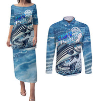 Striper Fishing Couples Matching Puletasi and Long Sleeve Button Shirt Striped Bass Angler - Wonder Print Shop
