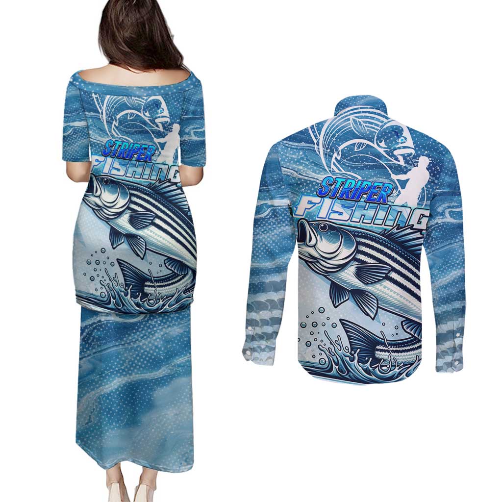 Striper Fishing Couples Matching Puletasi and Long Sleeve Button Shirt Striped Bass Angler - Wonder Print Shop