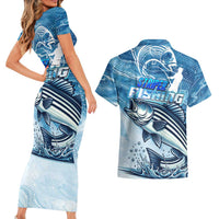 Striper Fishing Couples Matching Short Sleeve Bodycon Dress and Hawaiian Shirt Striped Bass Angler - Wonder Print Shop
