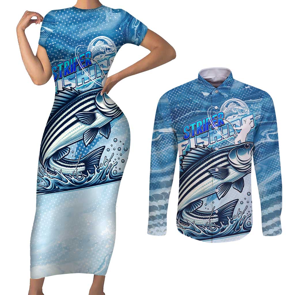 Striper Fishing Couples Matching Short Sleeve Bodycon Dress and Long Sleeve Button Shirt Striped Bass Angler - Wonder Print Shop