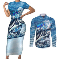 Striper Fishing Couples Matching Short Sleeve Bodycon Dress and Long Sleeve Button Shirt Striped Bass Angler - Wonder Print Shop