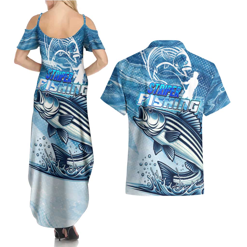 Striper Fishing Couples Matching Summer Maxi Dress and Hawaiian Shirt Striped Bass Angler - Wonder Print Shop