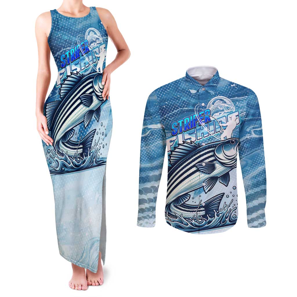 Striper Fishing Couples Matching Tank Maxi Dress and Long Sleeve Button Shirt Striped Bass Angler - Wonder Print Shop