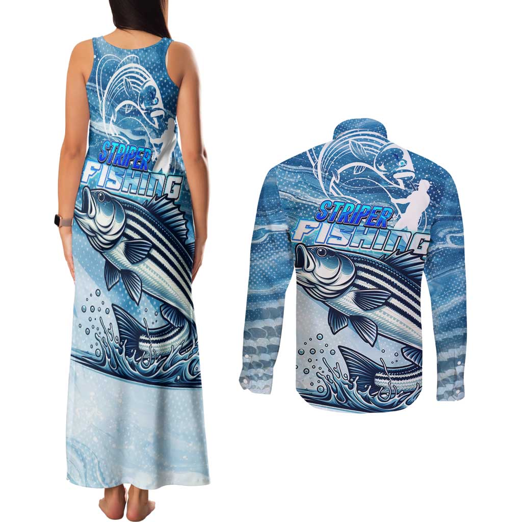 Striper Fishing Couples Matching Tank Maxi Dress and Long Sleeve Button Shirt Striped Bass Angler - Wonder Print Shop