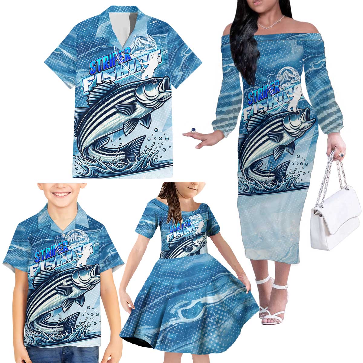 Striper Fishing Family Matching Off The Shoulder Long Sleeve Dress and Hawaiian Shirt Striped Bass Angler - Wonder Print Shop