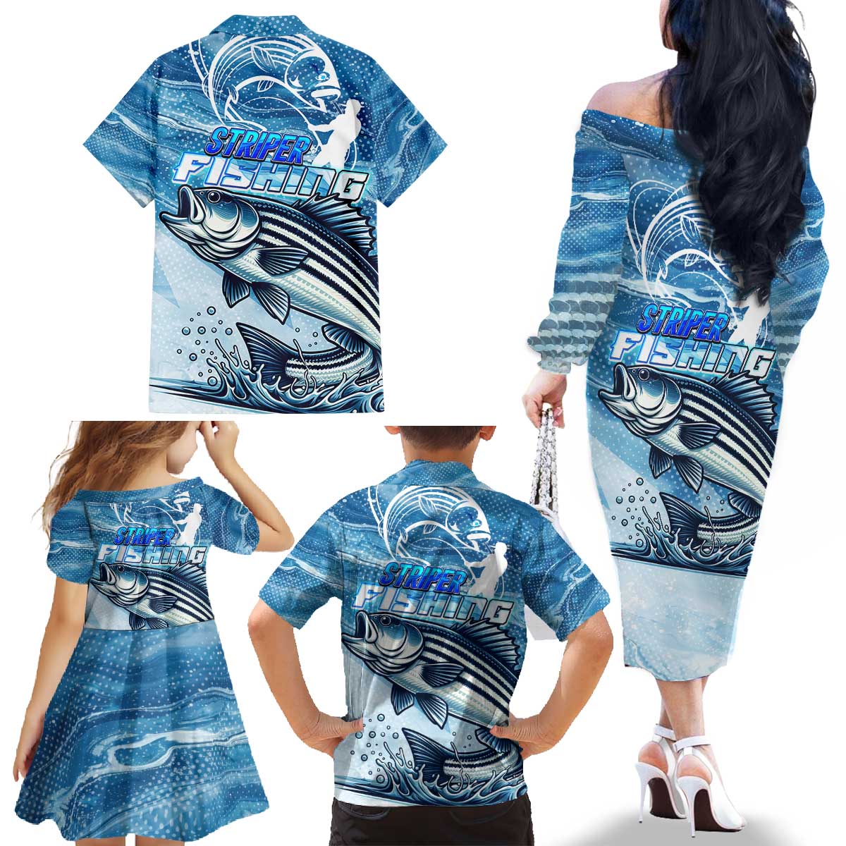 Striper Fishing Family Matching Off The Shoulder Long Sleeve Dress and Hawaiian Shirt Striped Bass Angler - Wonder Print Shop