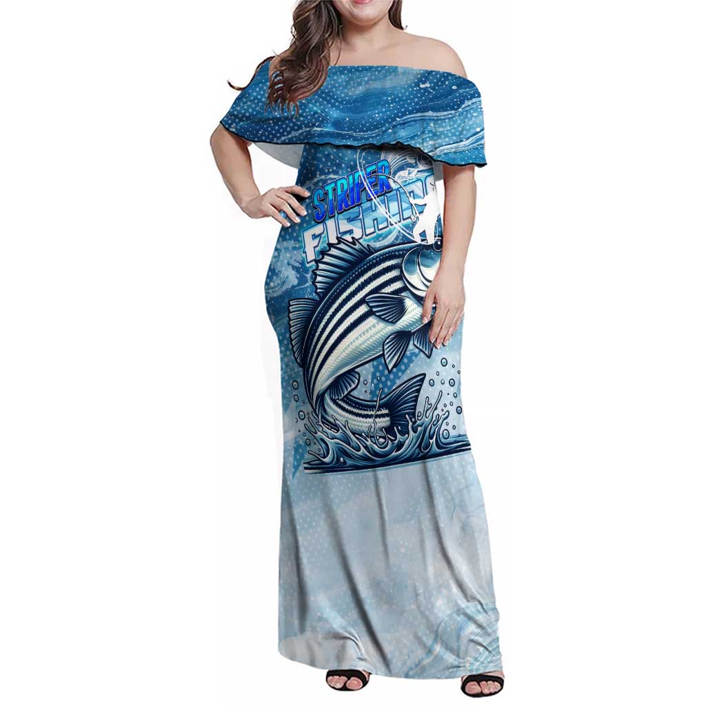 Striper Fishing Family Matching Off Shoulder Maxi Dress and Hawaiian Shirt Striped Bass Angler - Wonder Print Shop