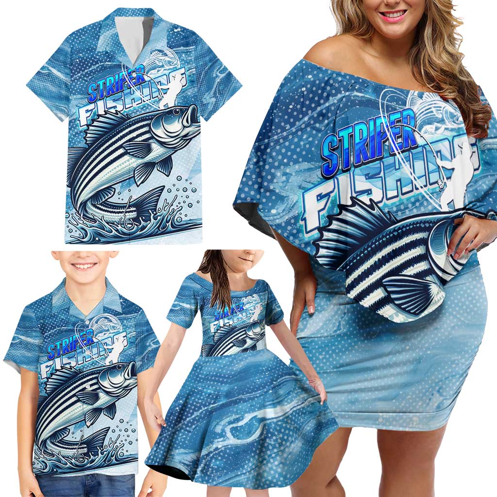 Striper Fishing Family Matching Off Shoulder Short Dress and Hawaiian Shirt Striped Bass Angler - Wonder Print Shop