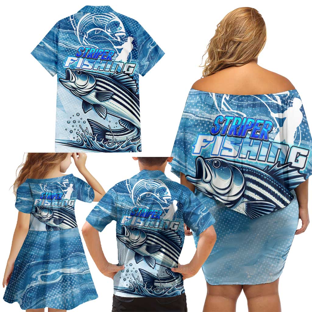 Striper Fishing Family Matching Off Shoulder Short Dress and Hawaiian Shirt Striped Bass Angler - Wonder Print Shop