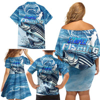 Striper Fishing Family Matching Off Shoulder Short Dress and Hawaiian Shirt Striped Bass Angler - Wonder Print Shop