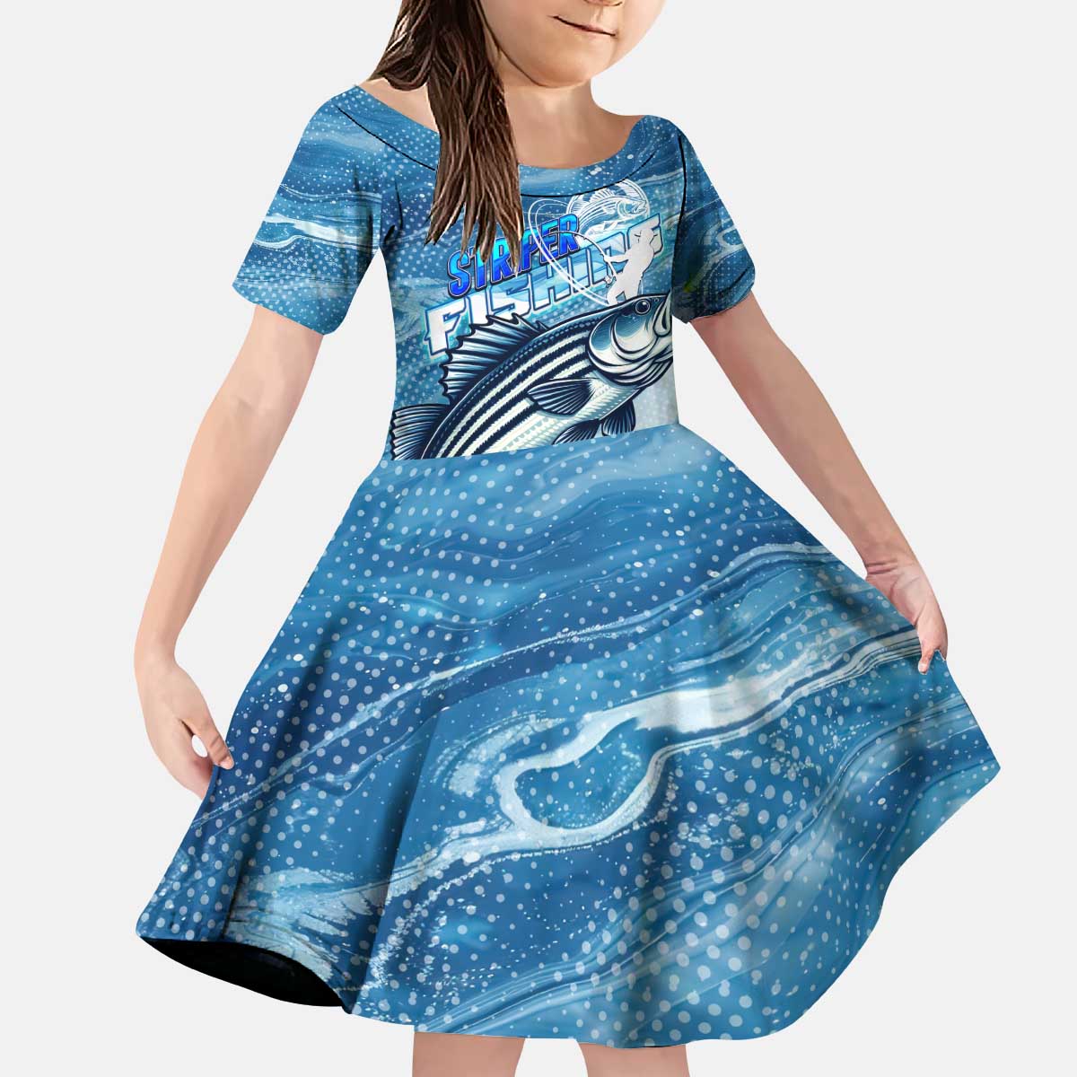 Striper Fishing Kid Short Sleeve Dress Striped Bass Angler - Wonder Print Shop