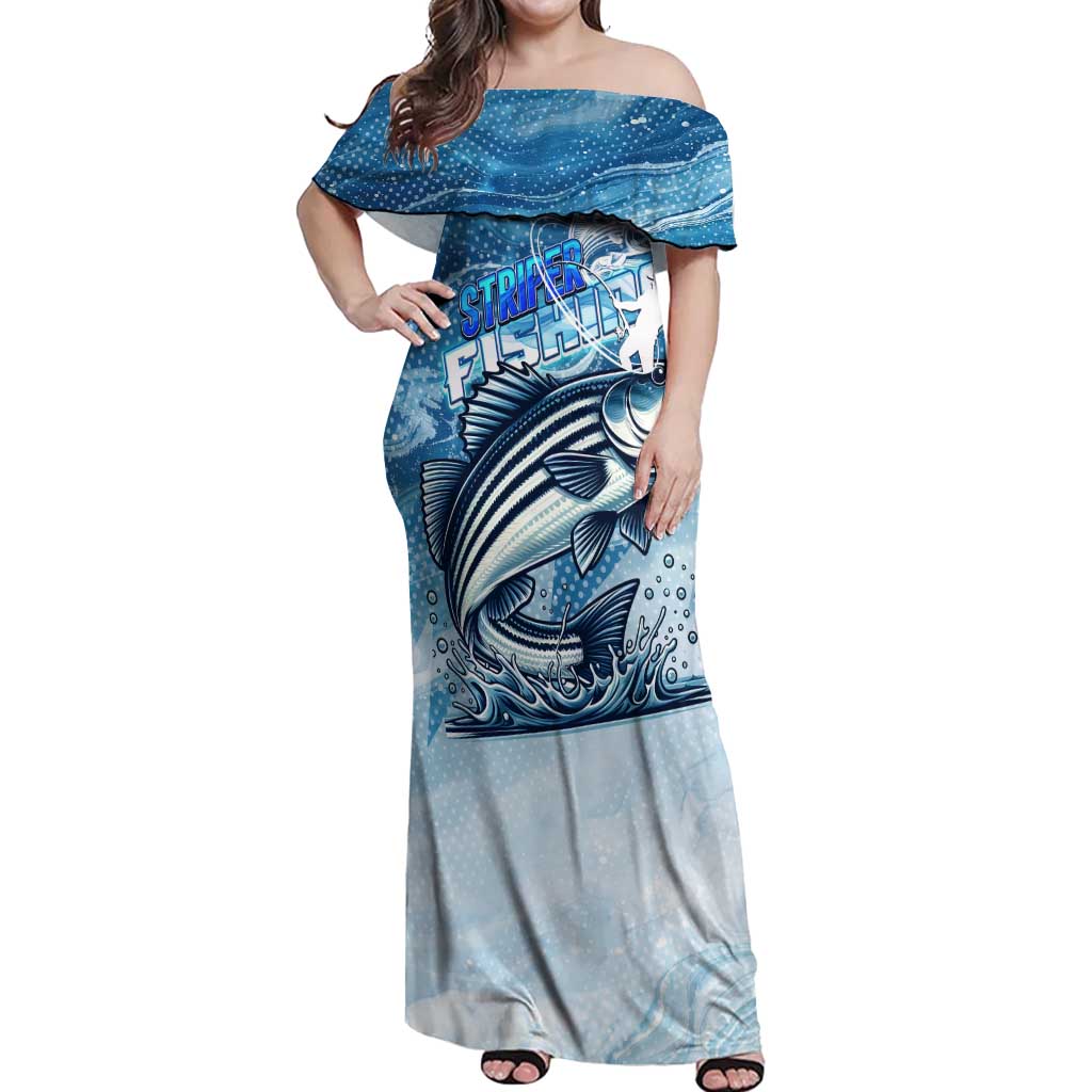 Striper Fishing Off Shoulder Maxi Dress Striped Bass Angler - Wonder Print Shop