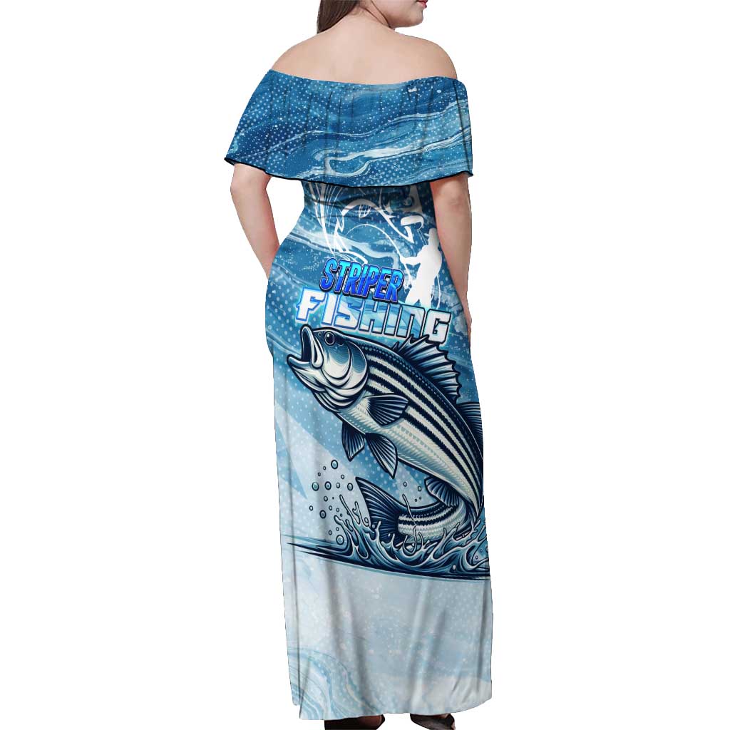 Striper Fishing Off Shoulder Maxi Dress Striped Bass Angler - Wonder Print Shop
