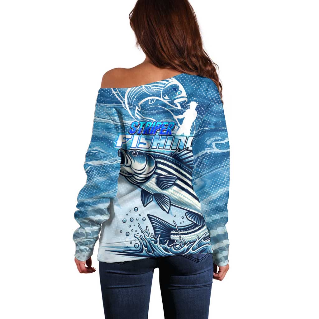 Striper Fishing Off Shoulder Sweater Striped Bass Angler - Wonder Print Shop