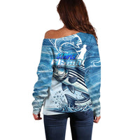 Striper Fishing Off Shoulder Sweater Striped Bass Angler - Wonder Print Shop