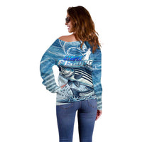 Striper Fishing Off Shoulder Sweater Striped Bass Angler - Wonder Print Shop