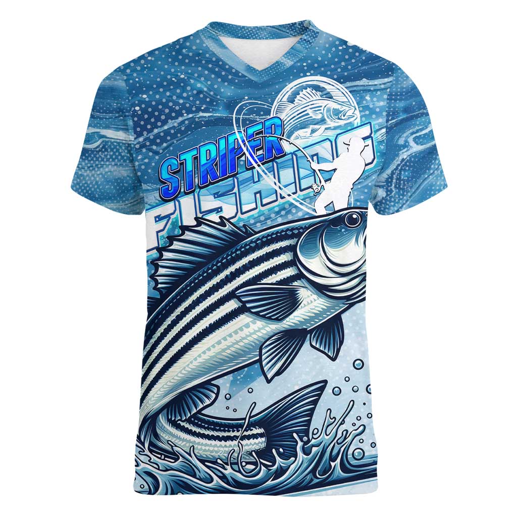 Striper Fishing Women V-Neck T-Shirt Striped Bass Angler - Wonder Print Shop