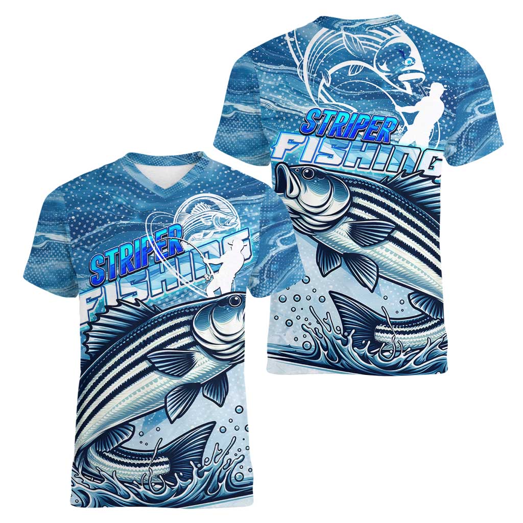 Striper Fishing Women V-Neck T-Shirt Striped Bass Angler - Wonder Print Shop