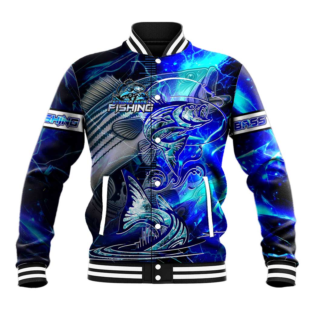 Blue Lightning Striped Bass Baseball Jacket Power Surge Fishing Hook Electric Print - Wonder Print Shop