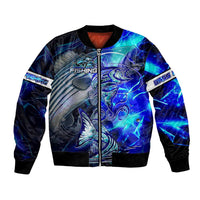 Blue Lightning Striped Bass Bomber Jacket Power Surge Fishing Hook Electric Print - Wonder Print Shop