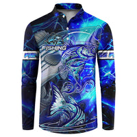 Blue Lightning Striped Bass Button Sweatshirt Power Surge Fishing Hook Electric Print - Wonder Print Shop