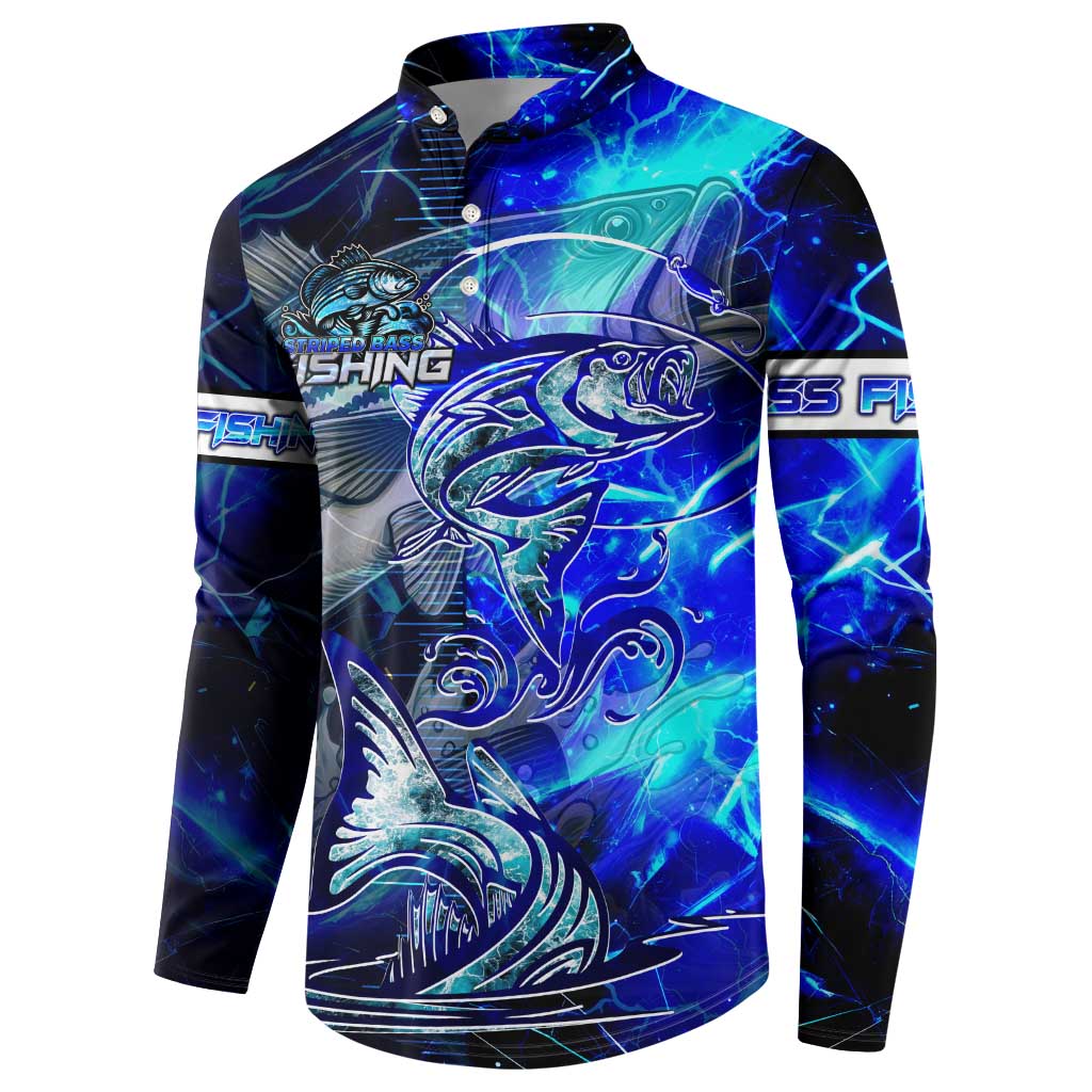 Blue Lightning Striped Bass Button Sweatshirt Power Surge Fishing Hook Electric Print - Wonder Print Shop