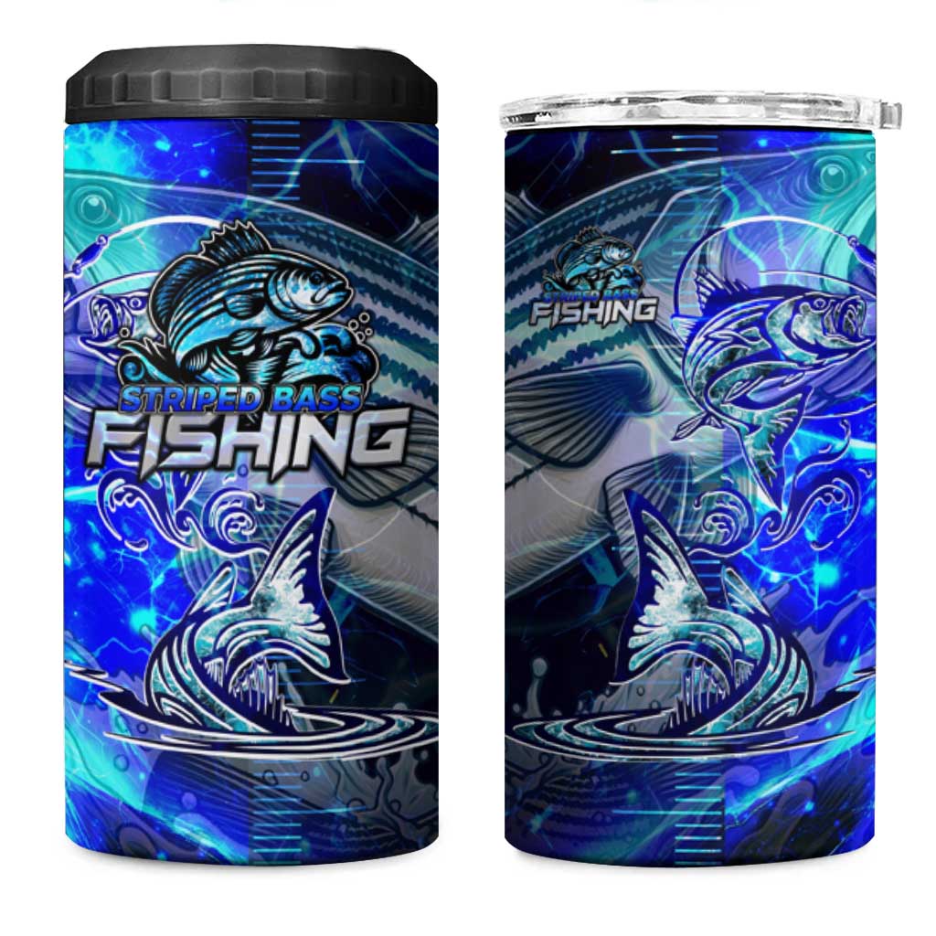 Blue Lightning Striped Bass 4 in 1 Can Cooler Tumbler Power Surge Fishing Hook Electric Print - Wonder Print Shop