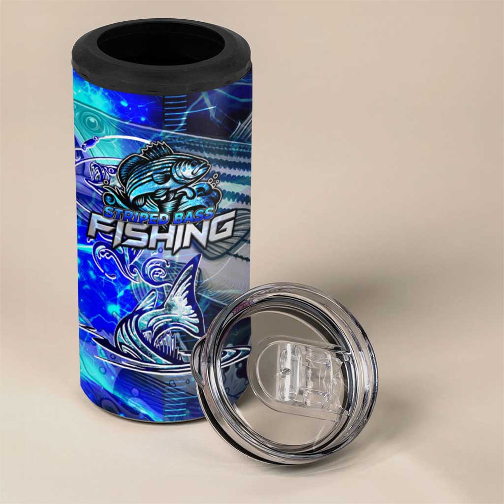 Blue Lightning Striped Bass 4 in 1 Can Cooler Tumbler Power Surge Fishing Hook Electric Print - Wonder Print Shop
