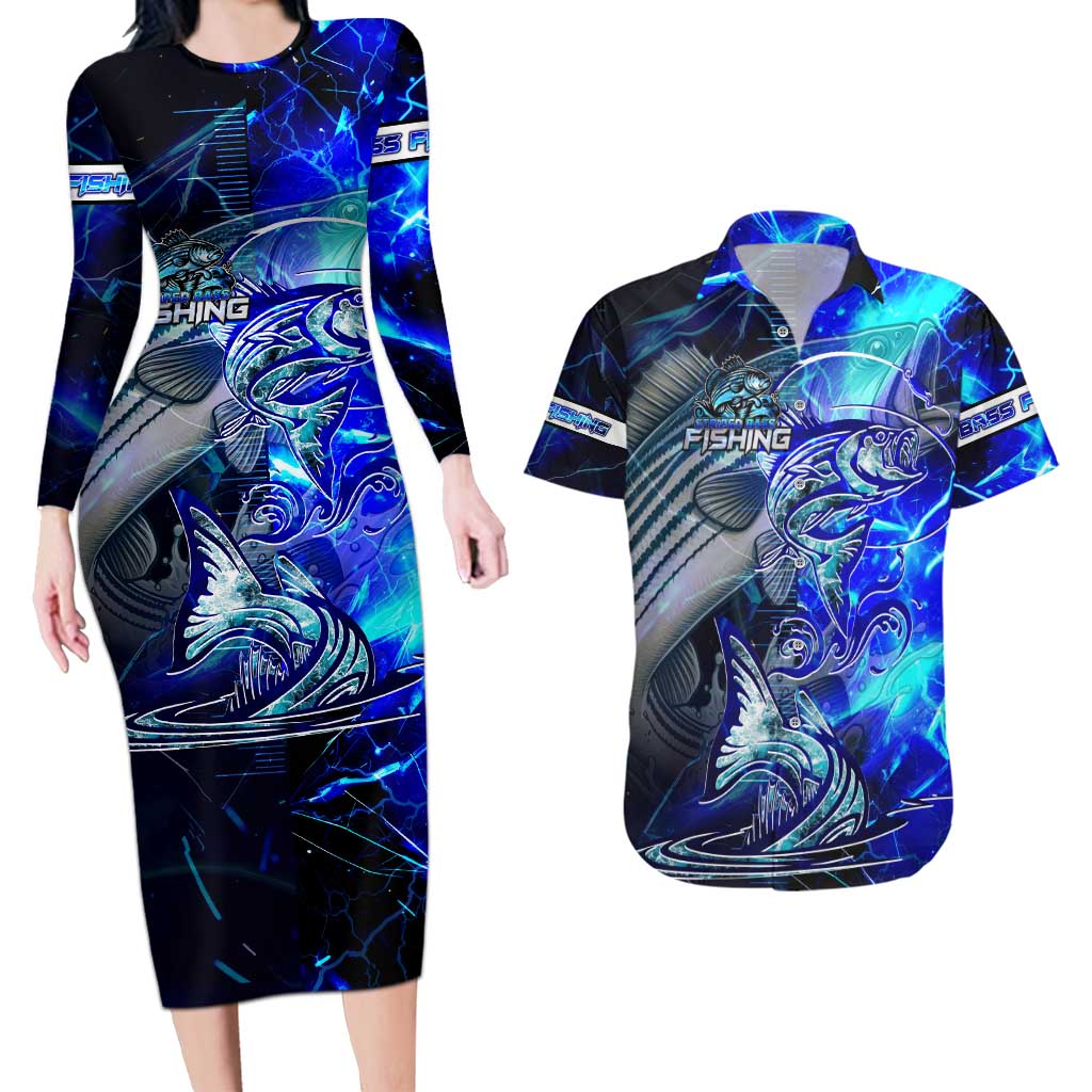 Blue Lightning Striped Bass Couples Matching Long Sleeve Bodycon Dress and Hawaiian Shirt Power Surge Fishing Hook Electric Print - Wonder Print Shop