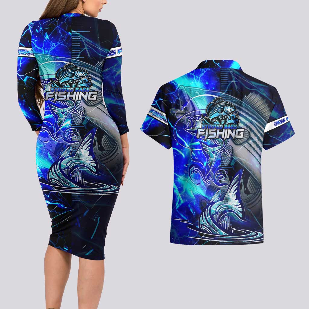 Blue Lightning Striped Bass Couples Matching Long Sleeve Bodycon Dress and Hawaiian Shirt Power Surge Fishing Hook Electric Print - Wonder Print Shop