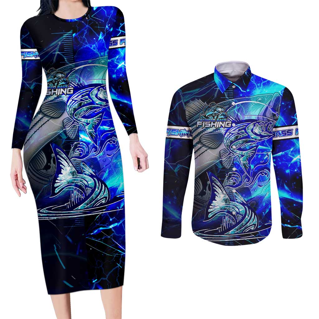Blue Lightning Striped Bass Couples Matching Long Sleeve Bodycon Dress and Long Sleeve Button Shirt Power Surge Fishing Hook Electric Print - Wonder Print Shop