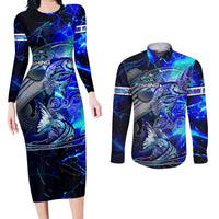 Blue Lightning Striped Bass Couples Matching Long Sleeve Bodycon Dress and Long Sleeve Button Shirt Power Surge Fishing Hook Electric Print - Wonder Print Shop