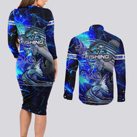 Blue Lightning Striped Bass Couples Matching Long Sleeve Bodycon Dress and Long Sleeve Button Shirt Power Surge Fishing Hook Electric Print - Wonder Print Shop