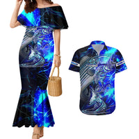 Blue Lightning Striped Bass Couples Matching Mermaid Dress and Hawaiian Shirt Power Surge Fishing Hook Electric Print - Wonder Print Shop
