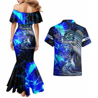 Blue Lightning Striped Bass Couples Matching Mermaid Dress and Hawaiian Shirt Power Surge Fishing Hook Electric Print - Wonder Print Shop
