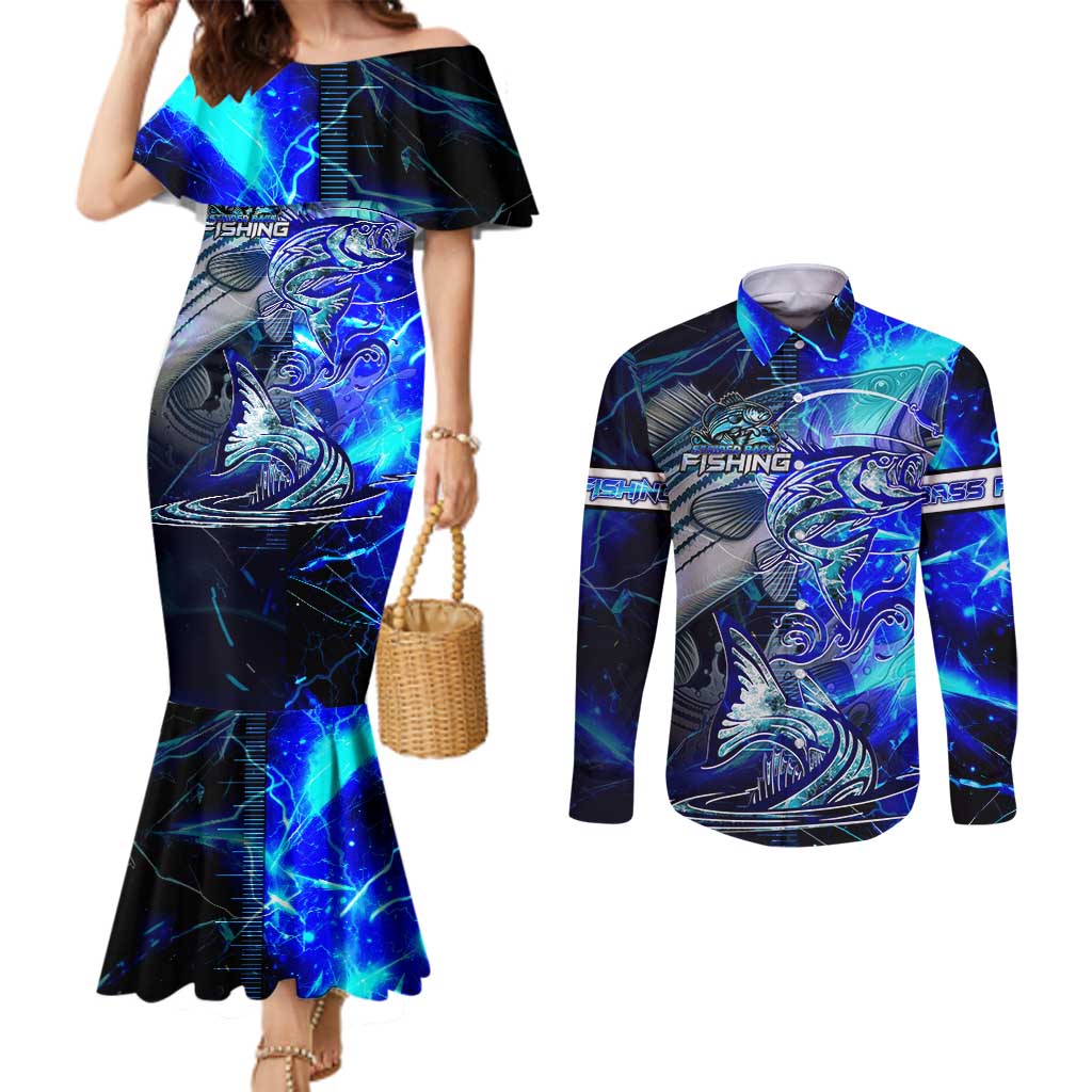 Blue Lightning Striped Bass Couples Matching Mermaid Dress and Long Sleeve Button Shirt Power Surge Fishing Hook Electric Print - Wonder Print Shop