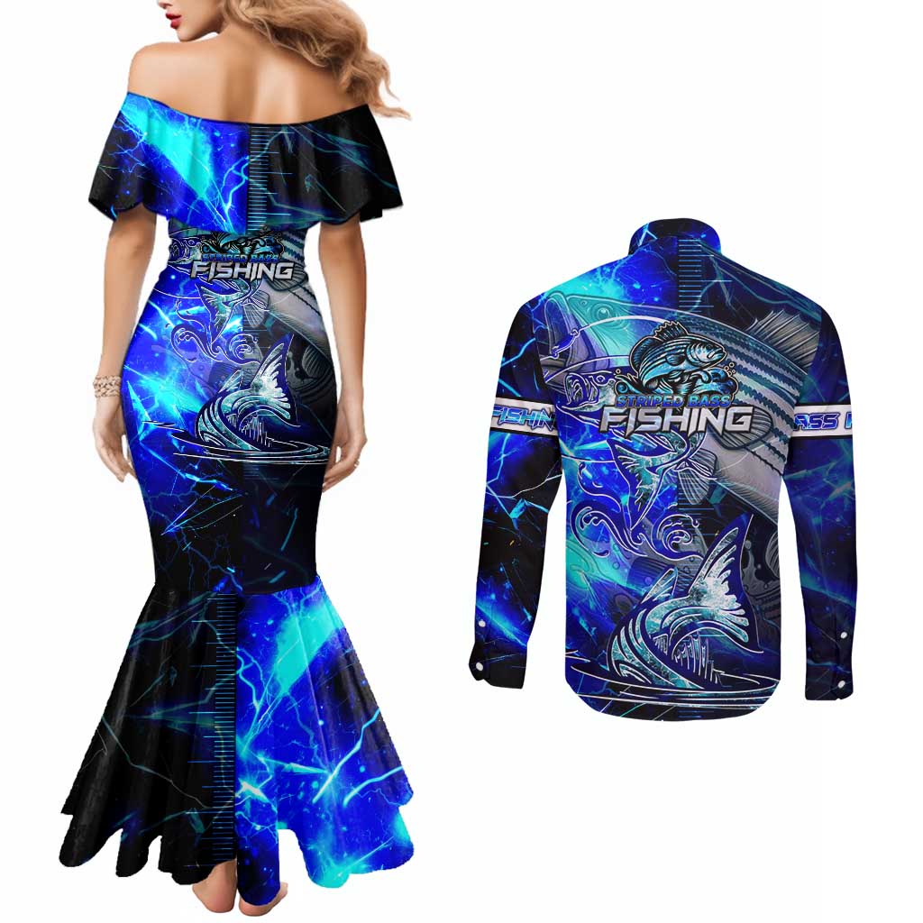 Blue Lightning Striped Bass Couples Matching Mermaid Dress and Long Sleeve Button Shirt Power Surge Fishing Hook Electric Print - Wonder Print Shop