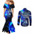 Blue Lightning Striped Bass Couples Matching Mermaid Dress and Long Sleeve Button Shirt Power Surge Fishing Hook Electric Print - Wonder Print Shop