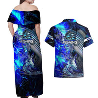 Blue Lightning Striped Bass Couples Matching Off Shoulder Maxi Dress and Hawaiian Shirt Power Surge Fishing Hook Electric Print - Wonder Print Shop