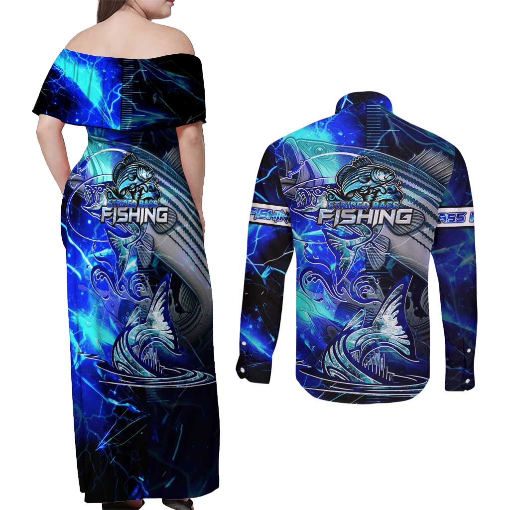 Blue Lightning Striped Bass Couples Matching Off Shoulder Maxi Dress and Long Sleeve Button Shirt Power Surge Fishing Hook Electric Print - Wonder Print Shop