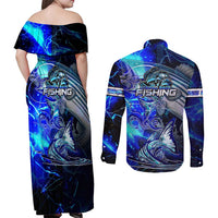Blue Lightning Striped Bass Couples Matching Off Shoulder Maxi Dress and Long Sleeve Button Shirt Power Surge Fishing Hook Electric Print - Wonder Print Shop