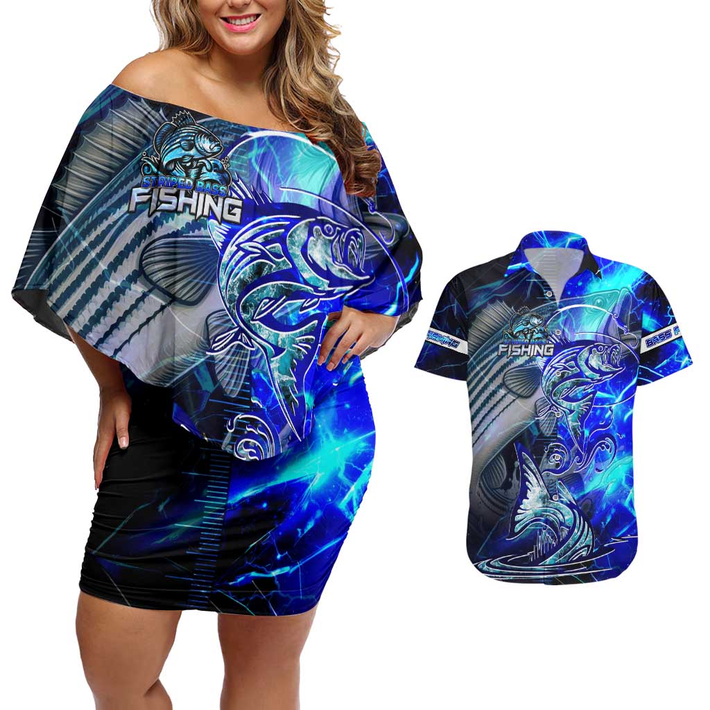 Blue Lightning Striped Bass Couples Matching Off Shoulder Short Dress and Hawaiian Shirt Power Surge Fishing Hook Electric Print - Wonder Print Shop