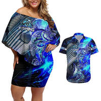 Blue Lightning Striped Bass Couples Matching Off Shoulder Short Dress and Hawaiian Shirt Power Surge Fishing Hook Electric Print - Wonder Print Shop