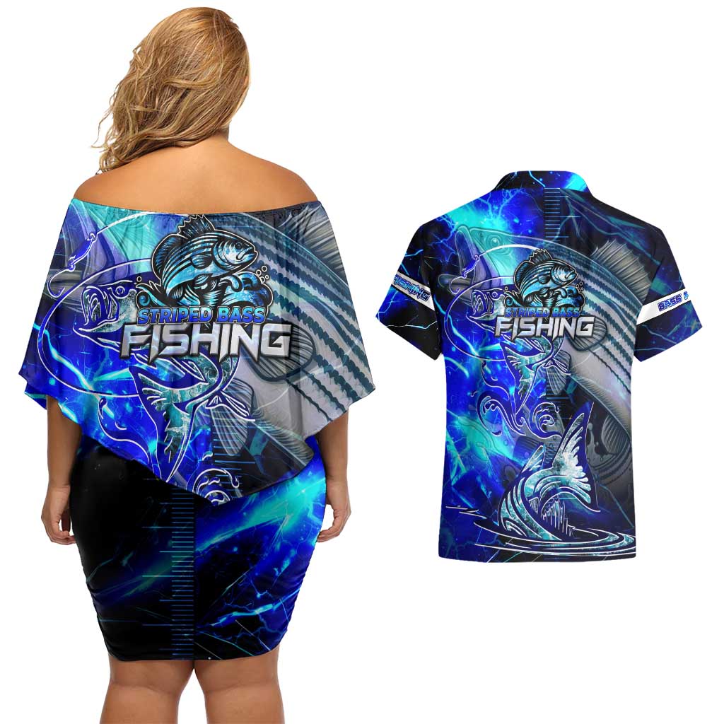 Blue Lightning Striped Bass Couples Matching Off Shoulder Short Dress and Hawaiian Shirt Power Surge Fishing Hook Electric Print - Wonder Print Shop