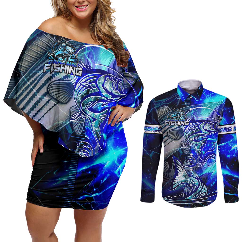 Blue Lightning Striped Bass Couples Matching Off Shoulder Short Dress and Long Sleeve Button Shirt Power Surge Fishing Hook Electric Print - Wonder Print Shop