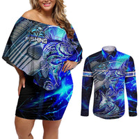 Blue Lightning Striped Bass Couples Matching Off Shoulder Short Dress and Long Sleeve Button Shirt Power Surge Fishing Hook Electric Print - Wonder Print Shop