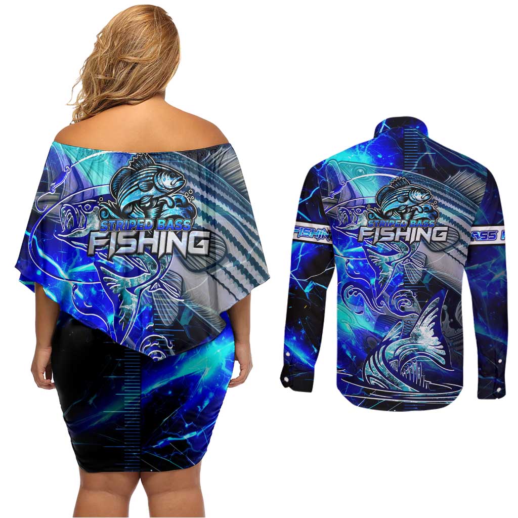 Blue Lightning Striped Bass Couples Matching Off Shoulder Short Dress and Long Sleeve Button Shirt Power Surge Fishing Hook Electric Print - Wonder Print Shop