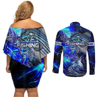 Blue Lightning Striped Bass Couples Matching Off Shoulder Short Dress and Long Sleeve Button Shirt Power Surge Fishing Hook Electric Print - Wonder Print Shop