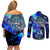Blue Lightning Striped Bass Couples Matching Off Shoulder Short Dress and Long Sleeve Button Shirt Power Surge Fishing Hook Electric Print - Wonder Print Shop
